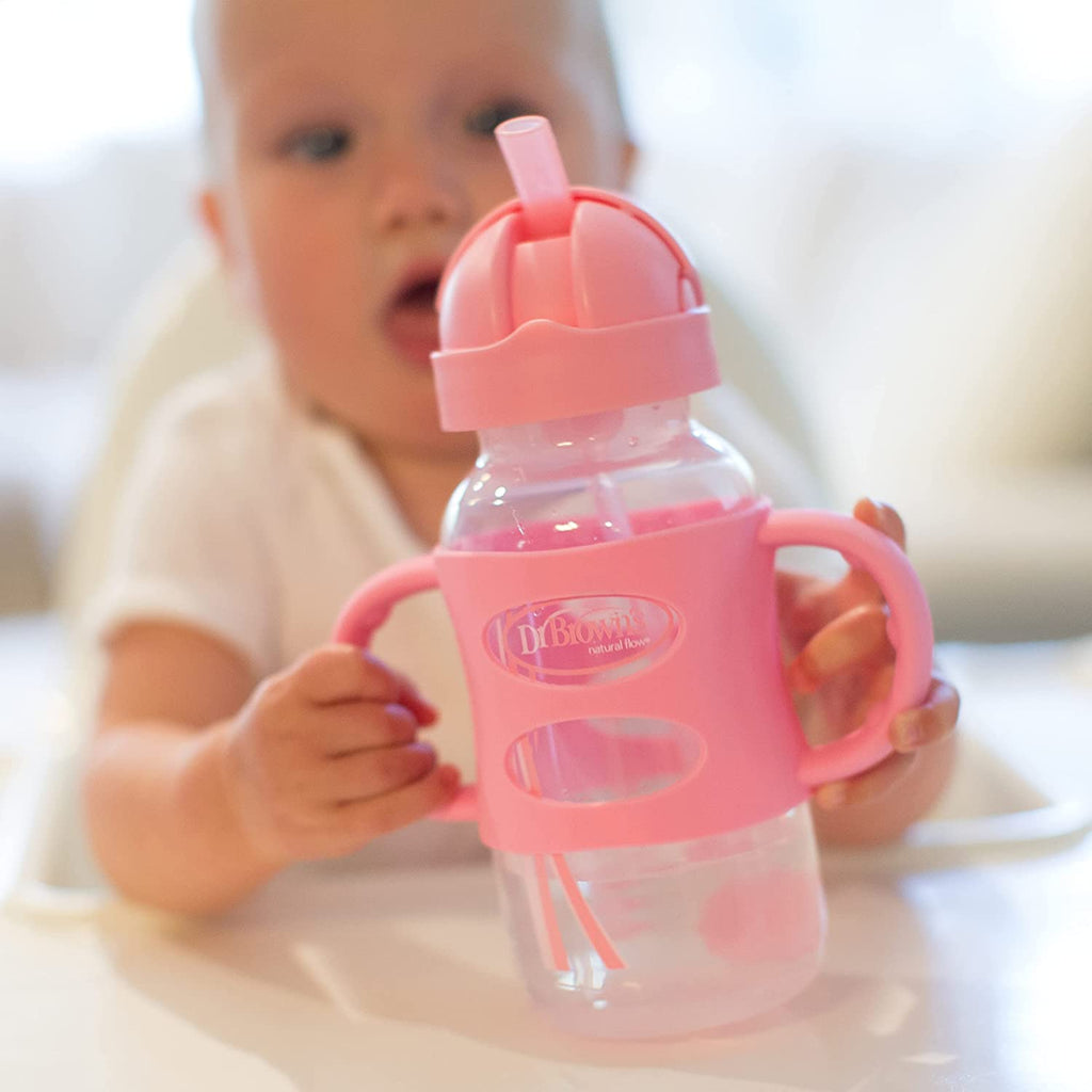 Dr. Brown’s Milestones Wide-Neck Sippy Straw Bottle with Silicone Handles, 9oz, Pink, 1 Pack, 6m+