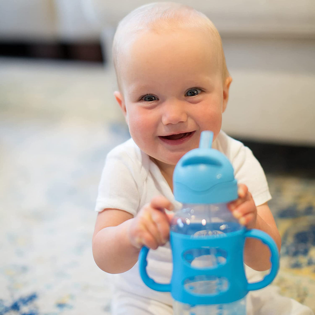 Dr. Brown’s Milestones Wide-Neck Sippy Straw Bottle with Silicone Handles, 9oz, Blue, 1 Pack, 6m+