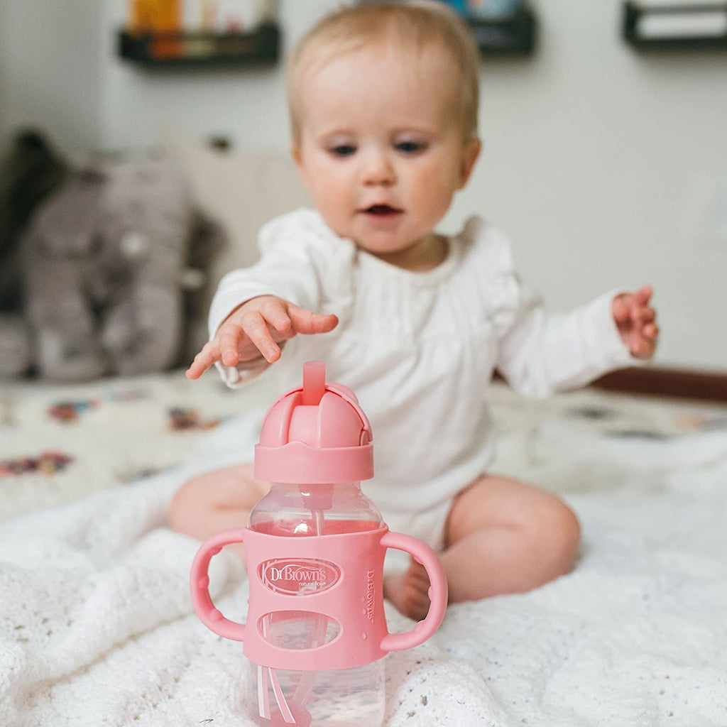 Dr. Brown’s Milestones Wide-Neck Sippy Straw Bottle with Silicone Handles, 9oz, Pink, 1 Pack, 6m+