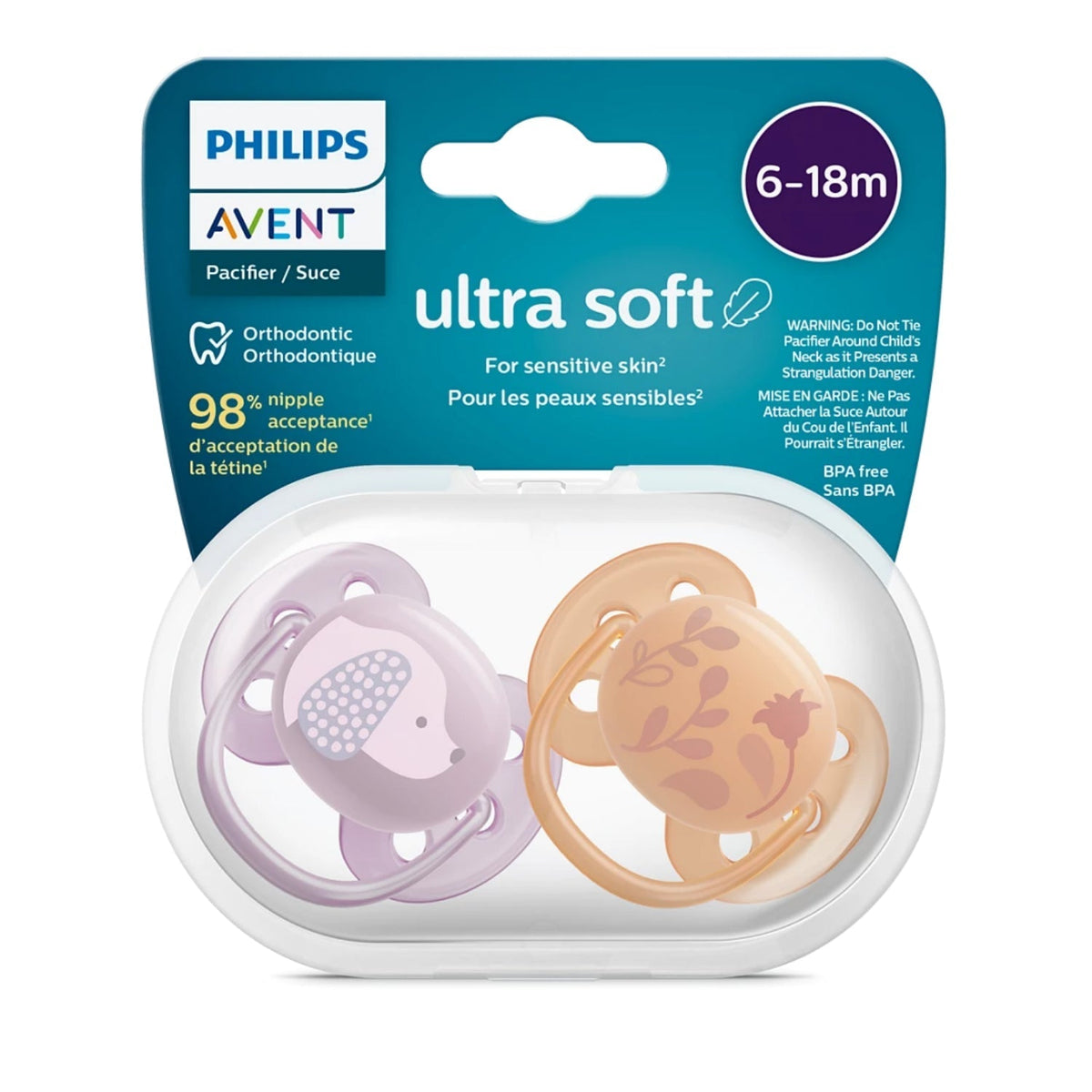 Avent - Ultra Soft Pacifier Orange & Lavander 6/18M