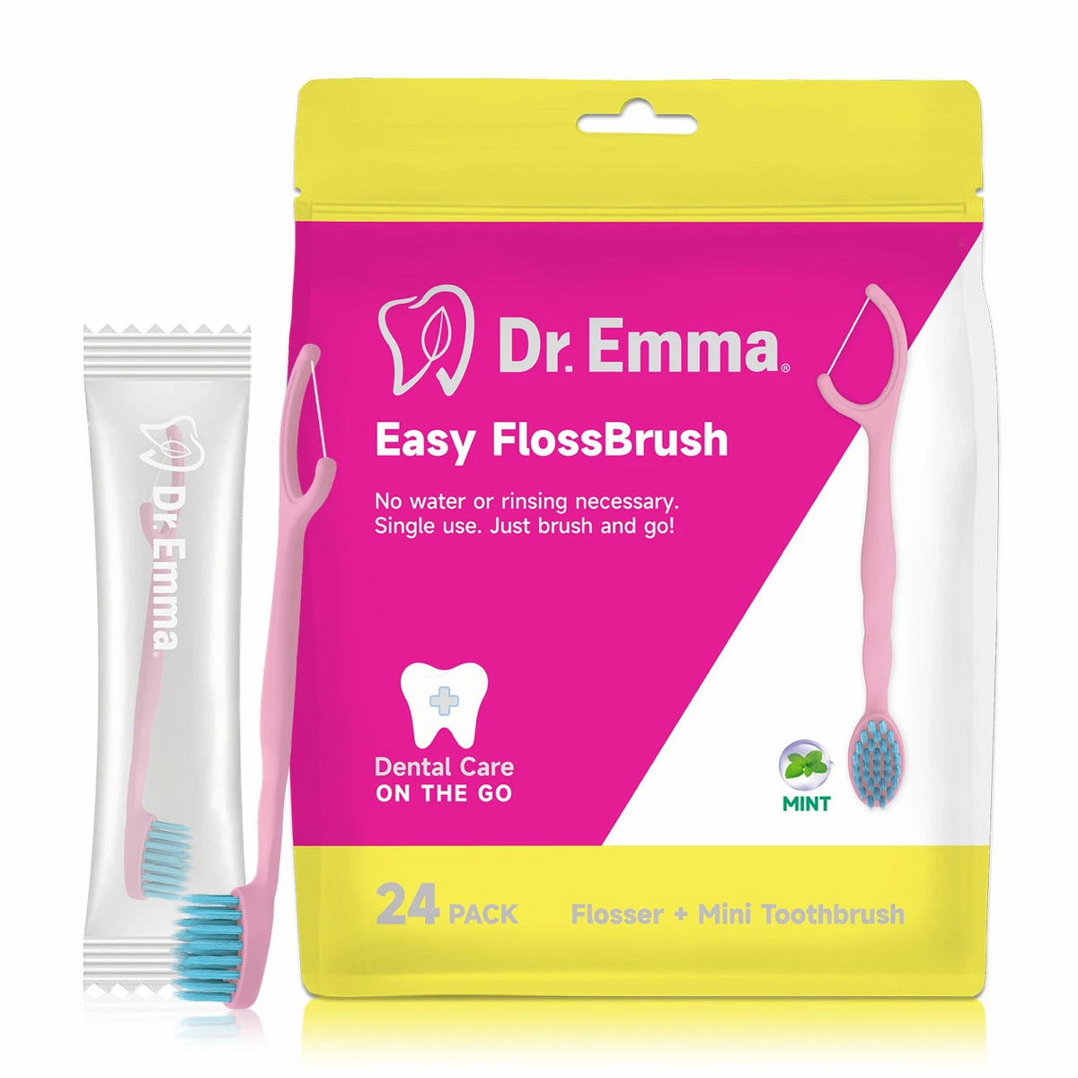 Dr.Emma 2‑in‑1 Portable Disposable FlossBrush, 24 Pack No‑Rinse Travel Oral Care