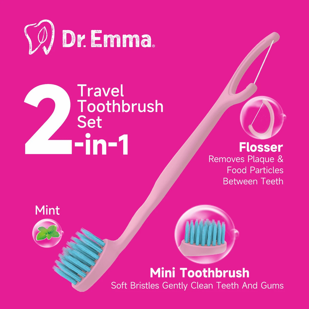 Dr.Emma 2‑in‑1 Portable Disposable FlossBrush, 24 Pack No‑Rinse Travel Oral Care