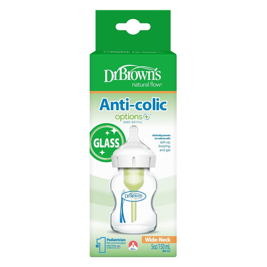 Dr. Brown’s Natural Flow® Anti-Colic Options+™ Wide-Neck Baby Bottle with Level 1 Slow Flow Nipple, 5oz/150mL