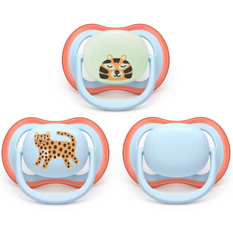 Avent 3Pk Ultra Air Pacifier 6-18M, Leopard/Sleeping Tiger, Day+Night